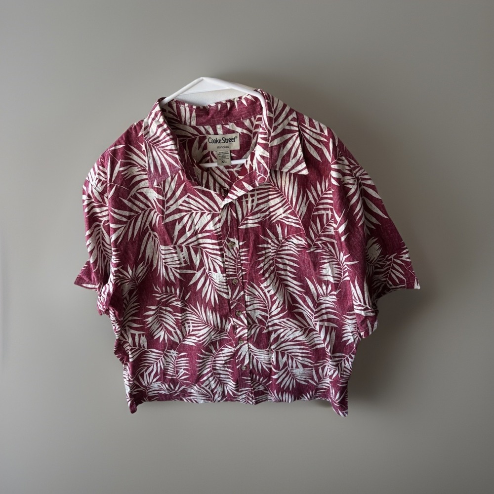 Cooke Street Honolulu Mens XL Hawaiian Shirt Burgundy Palm Leaf‎ Made in HI